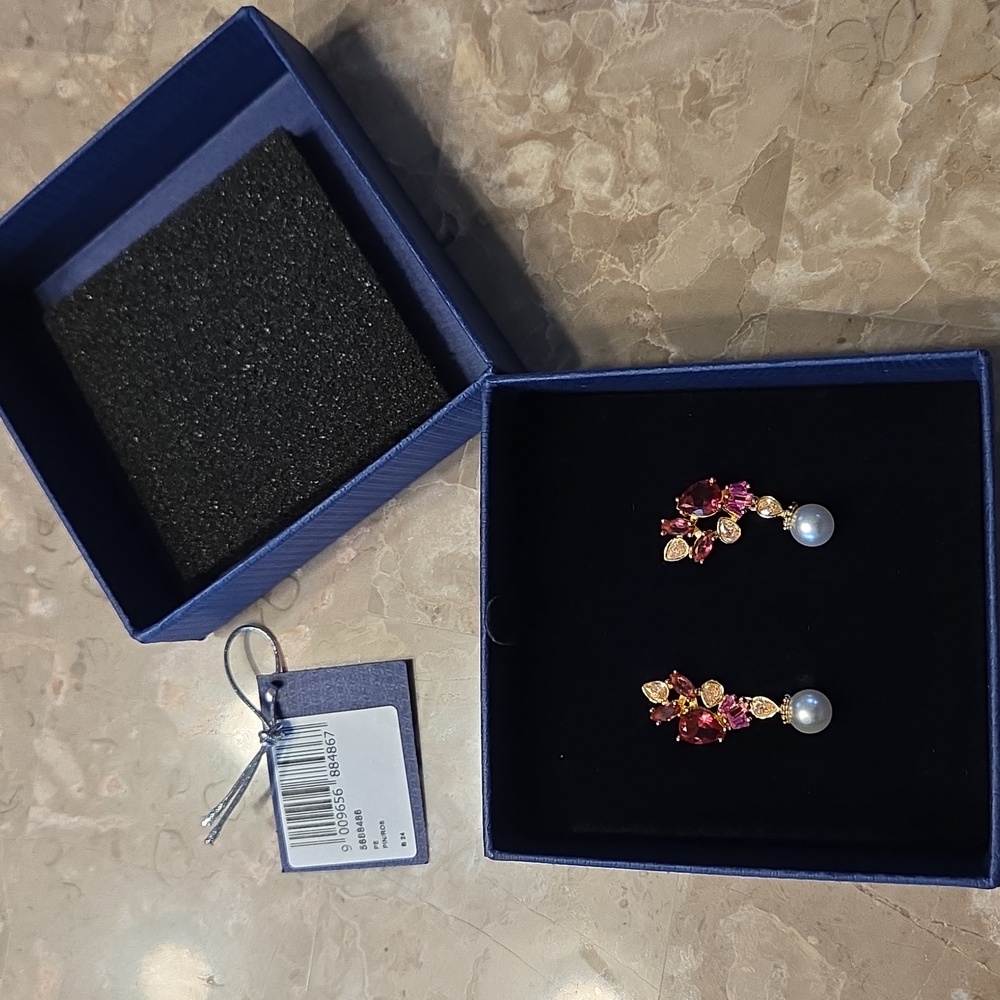 Swarovski Elegant Pink and Gold Pearl Drop Earrings - Picture 4 of 5